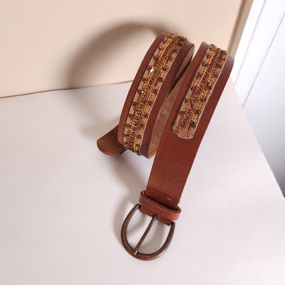 Abercrombie & Fitch Brown Leather Belt Womens S/M Sequins Beads Moose Logo Boho - Picture 1 of 16